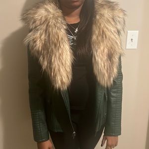 Army green leather jacket with fur